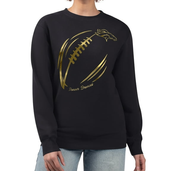 Women's G-III 4Her by Carl Banks Black Denver Broncos Metallic Print Football Sketch Fleece Crewneck Sweatshirt
