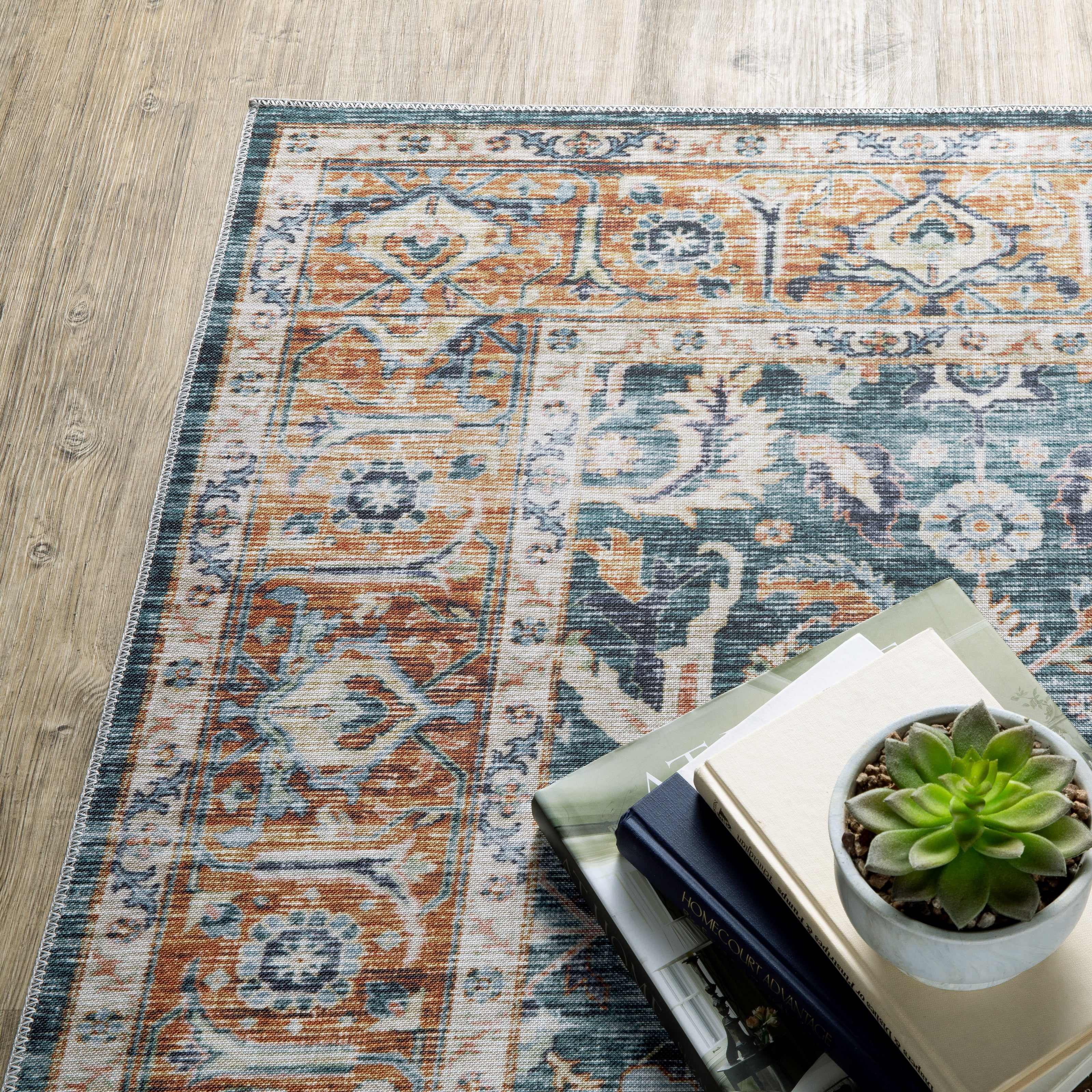 Avalon Home Celeste Washable Bordered Oriental Blue/ Rust Indoor Area Rug