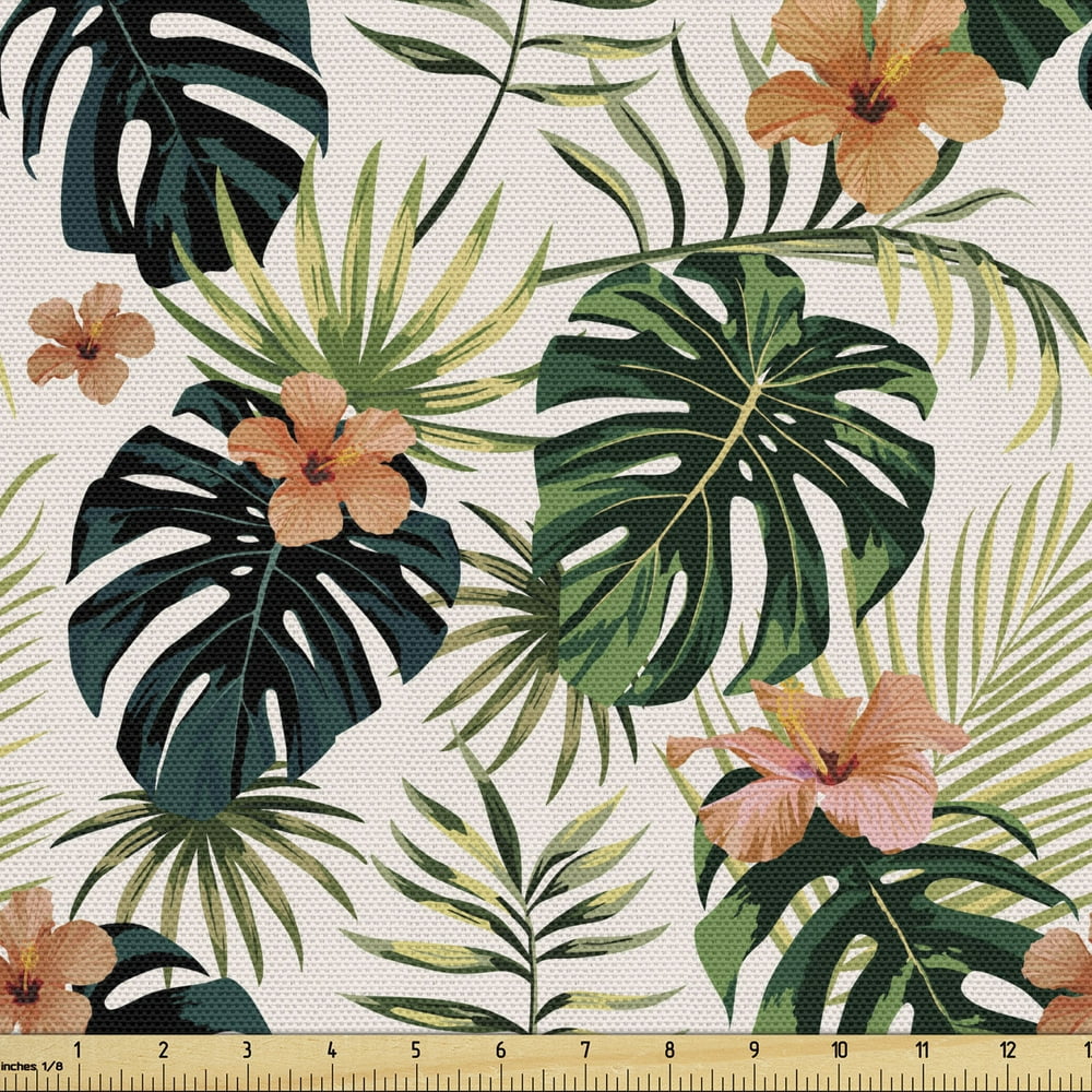 Hibiscus Fabric by the Yard Tropical Flowers in Real Life Tones
