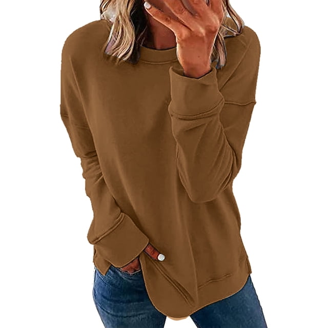 Gibobby Sudadera con forro polar Mujer 1 Uds. Sudadera holgada informal de manga larga con cuello redondo de Color sólido para mujer Otoño Invierno 1 Uds. Sudadera sin capucha(Café, S)