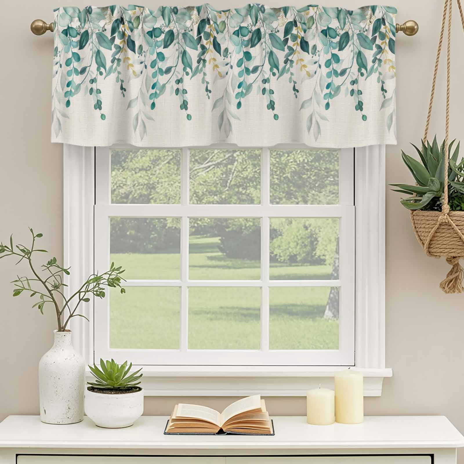 2 Pack Valances for Windows, Teal Green Eucalyptus Window Valances for Living Room/Bedroom/Bathroom, Farmhouse Weeping Leaves Linen Light Filtering Kitchen Curtain Valance 54"W x18" L