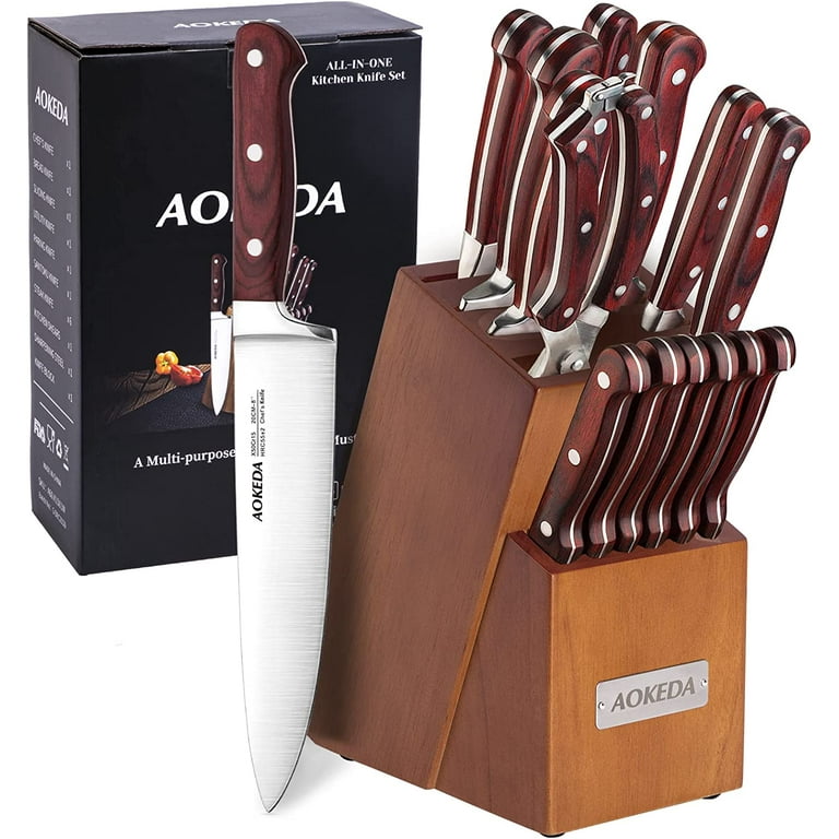 AOKEDA 15-Piece Kitchen Knife Set with Block, Stainless Steel Knives,  include Sharpener, Poultry Shears (Classic Pakkawood)