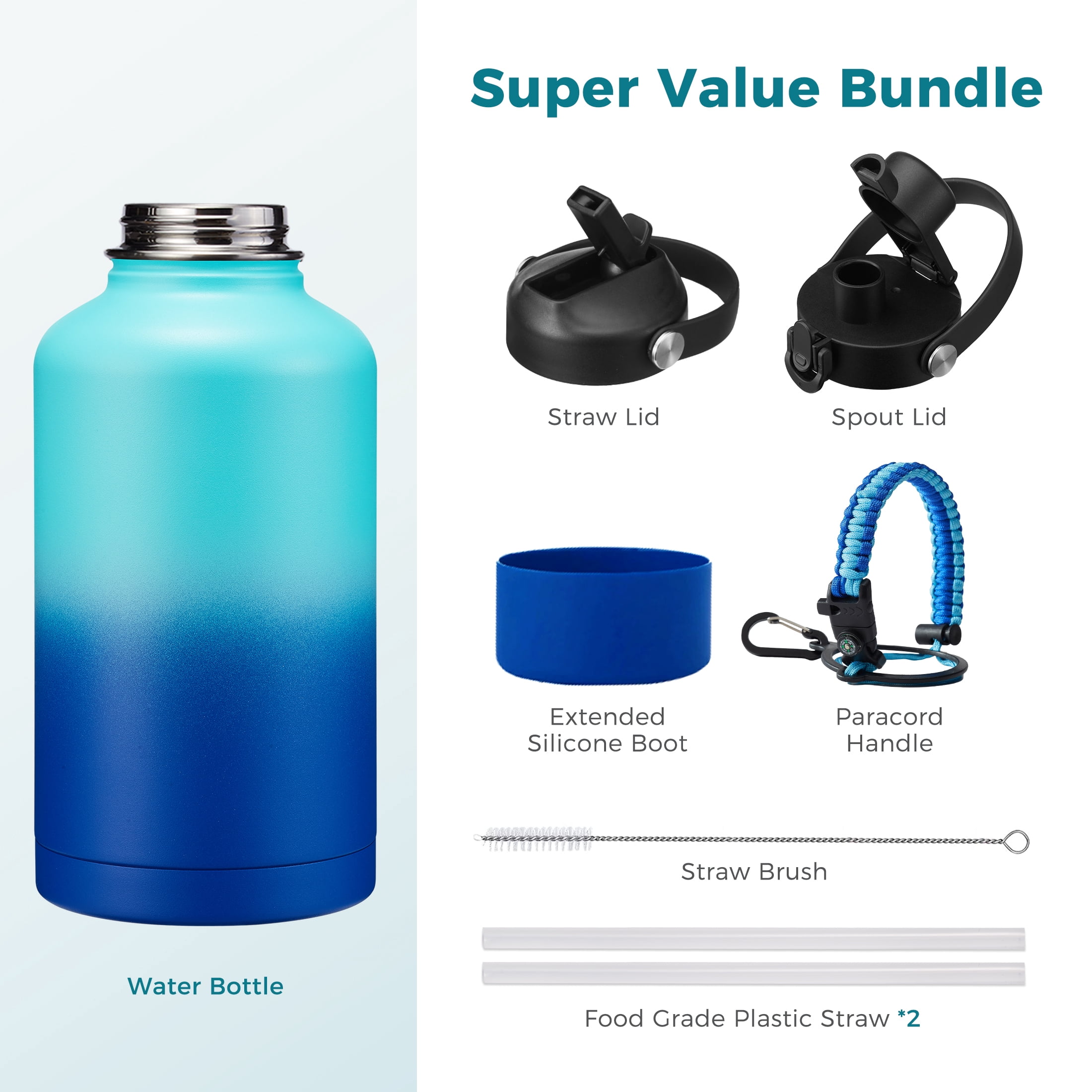 64oz Water Bottle with Straw & Spout Lid, Stainless Steel Half Gallon Jug with Paracord Handle, Cold 48H & Hot 24H