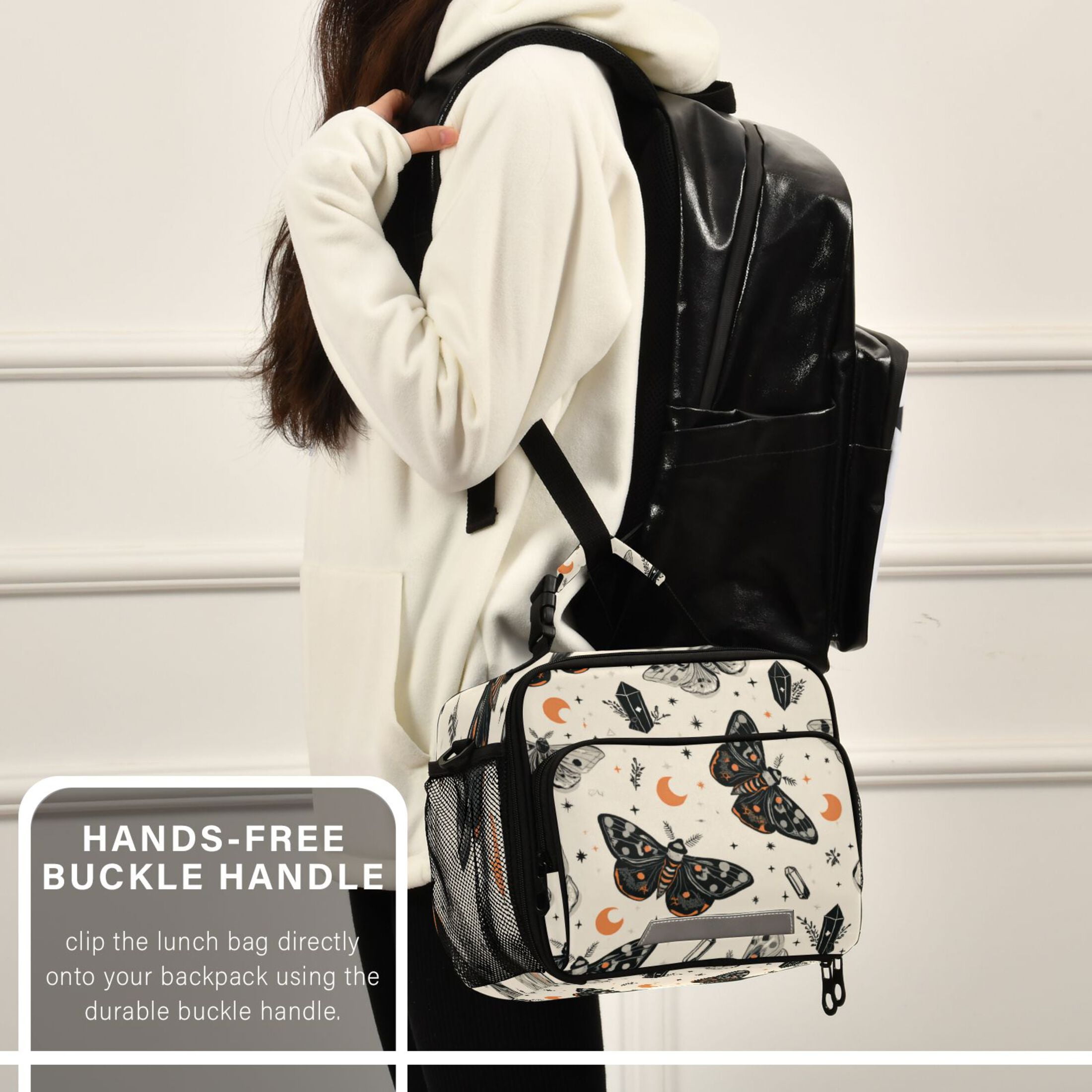Insulated Lunch Bag 6L Leak-Proof Lunch Box with Shoulder Strap Multiple Pockets Lunch Tote Black and White Moths