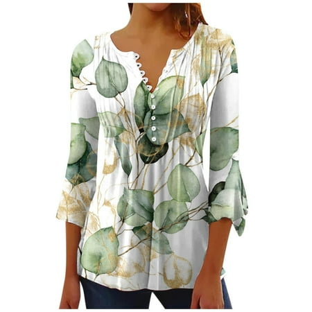 

KIHOUT Women s Casual Trumpet 3/4 Sleeve Printed Buttoned Basic Ruched Corset Tunic Tops Pleated T-shirts Blouses