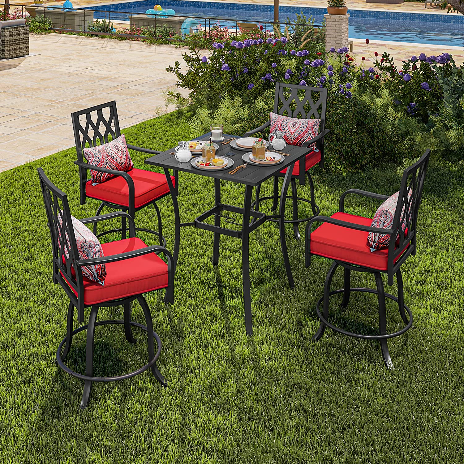 Dextrus 5-Piece Patio Swivel Bar Set, 32" Square Patio Bar Table (Umbrella Hole) and 4 Cushioned Swivel Bar Stools, Metal Patio Bar Set Ideal for Patio Lawn Garden Porch, Black - image 5 of 7