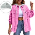 thumbnail image 2 of Women’s Distressed Denim Jacket with Detachable Hood, Casual Button Down Long Sleeve Jean Coat, Frayed Hem Distressed Retro Outerwear, Hot Pink S, 2 of 5