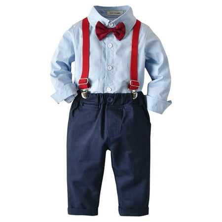 

IMEKIS Baby Boys Fall Clothes Toddler Gentleman Ring Bearer Wedding Party Christmas Bowtie Dress Shirt Suspenders Pants Baptism Christening Outfits for Boys 12-18 Months Light Blue + Navy