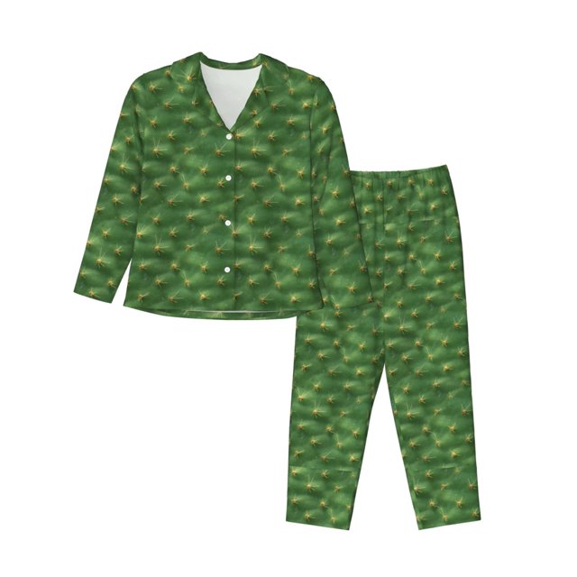Balery Cactus 3 Conjunto de Pijama con Estampado para Mujer, Conjunto de Dos Piezas con Manga Larga, Ropa de Dormir Suave con Bolsillos, Pijamas Cómodos-Large