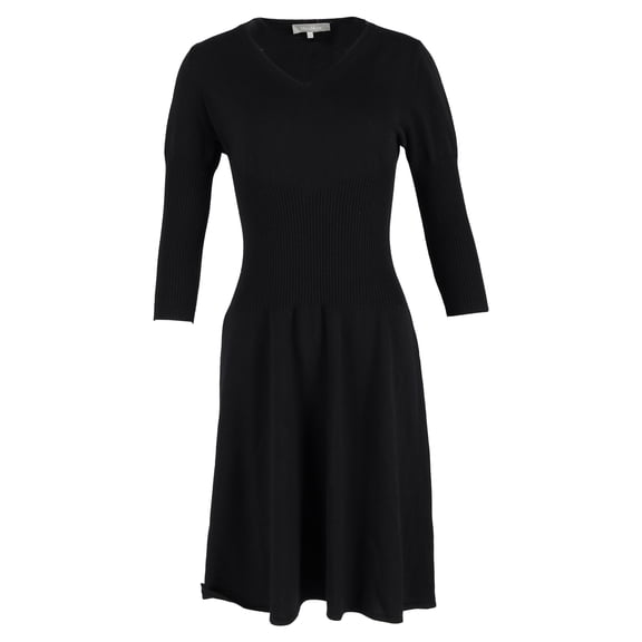 Pre-Owned Max Mara V-Neck 3/4 Sleeve Midi Dress in Black Wool