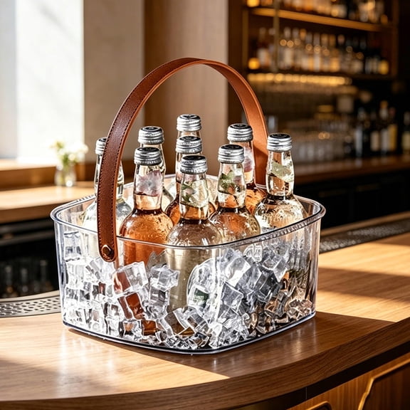 Homellea Clear Plastic Ice Bucket, 11.42 Inch Beverage Cooler Tub, Carry Strap for Wine Beer and Champagne Bottles, Party Bar Drink Chiller Container for Home Bar, Party Table and Picnic