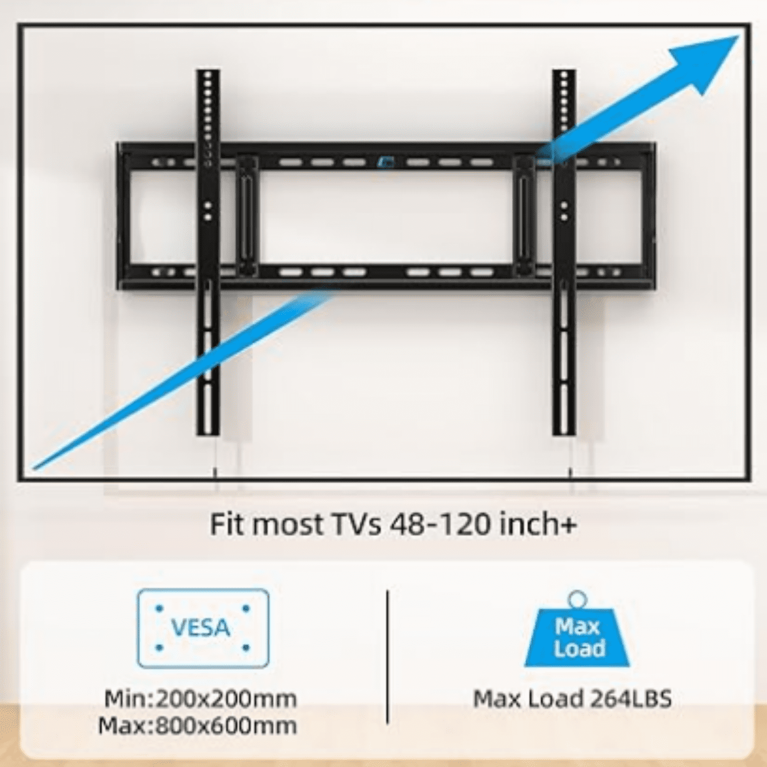 Heavy Duty Fixed TV Wall Mount Bracket, 264 Lbs Capacity for 48-120 Inch Extra Large Flat Screen Smart TVs, Max VESA 800x600 mm, Stud Spacing 12"-28", Low-Profile F Slim Design