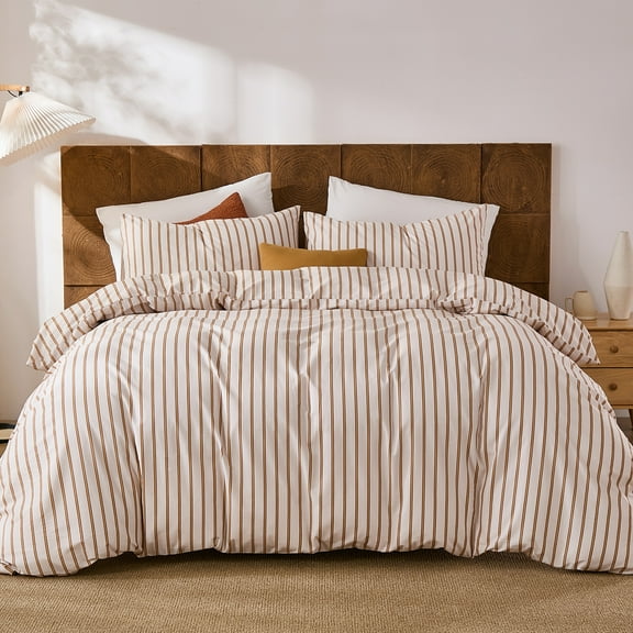 100% Cotton Comforter Set Queen Size - Beige and Terracotta Striped Comforter with 2 Pillowcases, Luxury & Silky Soft Comforter Set for All Seasons