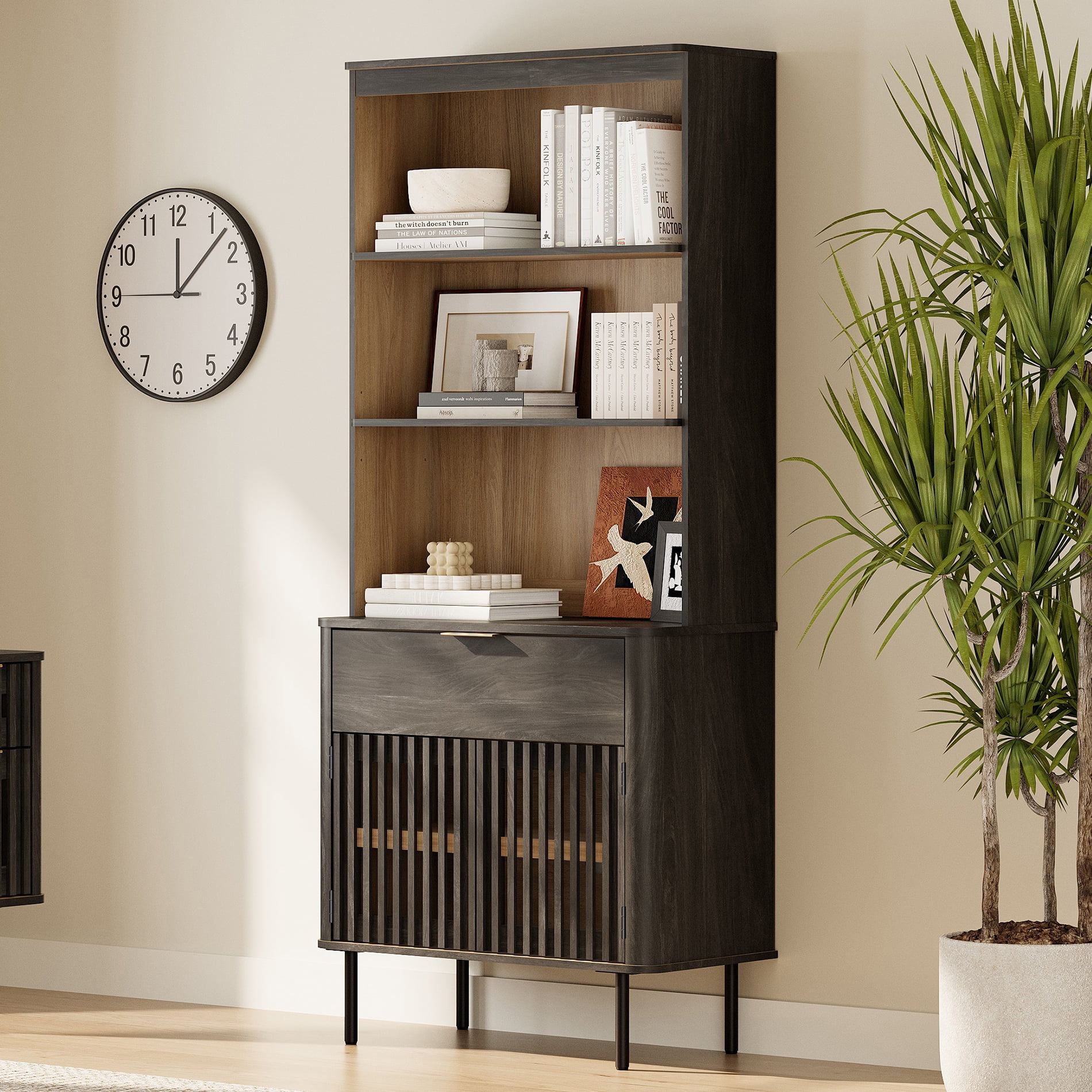 72.8 Inch Tall Bookshelf with Storage Cabinet, 3 Tier Bookcase with Drawer & Adjustable Shelf, Black