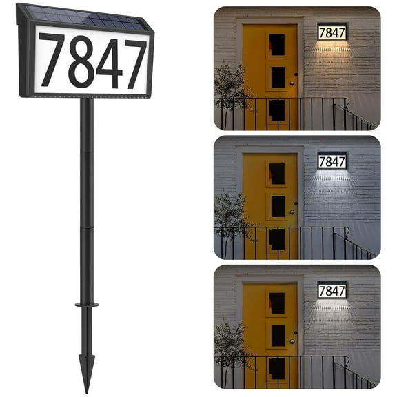 Daretodo Solar Address Sign with LED House Numbers, Waterproof Illuminated Address Plaques for Outdoor Use, 3-Color Adjustable, Ground Stake and Wall-Mount Options