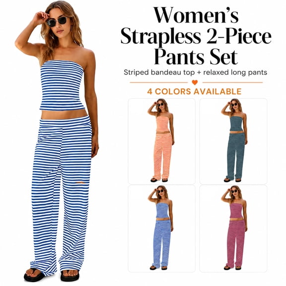 Womens Striped 2 Piece Sets Summer Strapless Crop Tube Tops Wide Leg Pants Matching Loungewear Set Vacation Outs