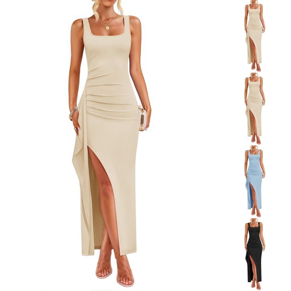 Laqbezok Women's Ribbed Square Neck Maxi Dress, Sleeveless Side Ruched Bodycon Gown, Casual Slim Fit Dress with High Slit for Summer Party Vacation