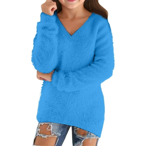 Coerni Unisex Kids and Toddlers' Cotton V-Neck Sweater Long Sleeve Fuzzy Furry Blouse Girls Fall Warm Sweatshirt Tops