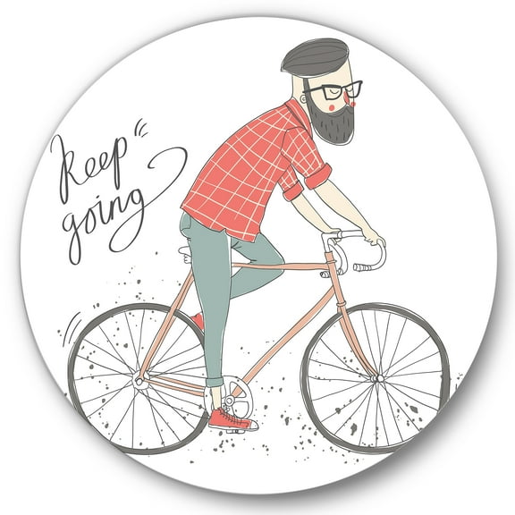 Designart 'Hipster Man Riding A Bicycle' Children's Art Circle Metal Wall Art 36x36 - Disc of 36