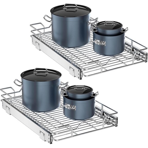Pull Out Cabinet Organizer 2 Pack (12" W x 21" D), Pull out Shelves 1 Tier, Cabinet Slide Out Shelves for Base Cabinet Organization in Kitchen Bathroom Pantry, Bottom Mount, Chrome Finish
