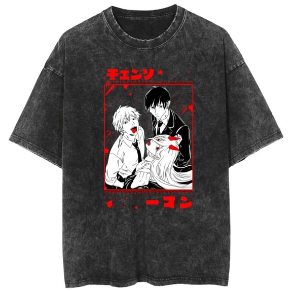 Duoxingbao Cross-border street-style washed anime chainsaw man casual cotton summer short-sleeved shirt