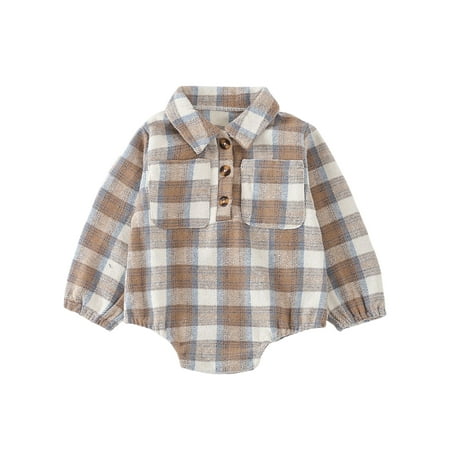 

Amuver Infant Baby Fall Romper Casual Long Sleeve Lapel Collar Plaid Print One-Piece Bodysuit