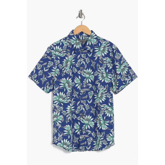 Slate & Stone Mens Floral Print Cotton Poplin Button-up Shirt Blue Multi-Small