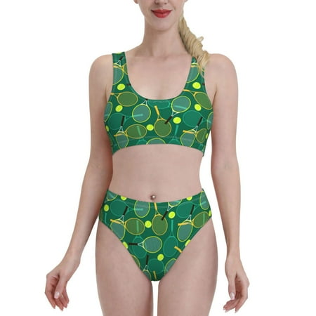 Bixox Tennis Rackets and Balls Pattern Two-Piece Sports Bikini with U-Shaped Top and High-Waist Bottom - Women s Swimwear with Removable Bra Pads