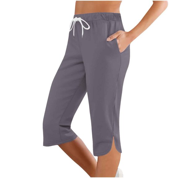 Tfken Summer Pants For Women Solid Color Elastic Waist Slit Straight-Leg 3/4 Length Pants With Pockets Casual Female Comfortable Clothes Gray