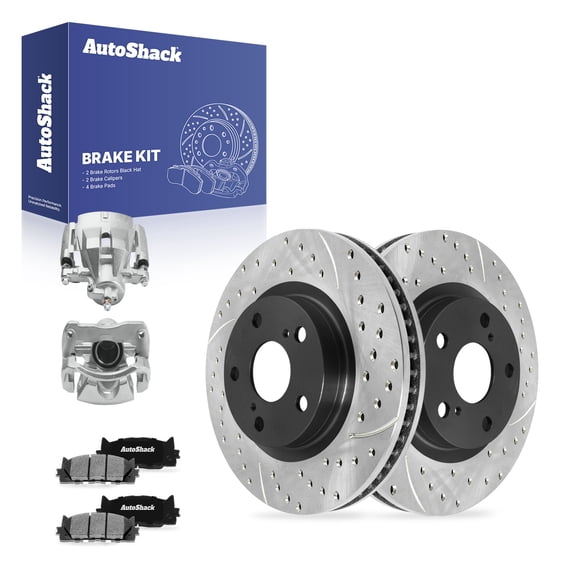 AutoShack Front Vented Drilled & Slotted E-Coated Brake Rotors   Ceramic Pads   Calipers 8-PC Brake Kit Replacement for 2007-2017 Toyota Camry 2008-2018 Toyota Avalon ShadowGuard 11.65" (296 mm)