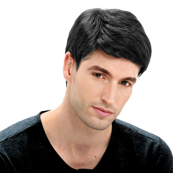 10inch Short Straight Hair Wig for Men European Style Synthetic Fiber Wig with Slanting Bangs Full Head Cover - Black