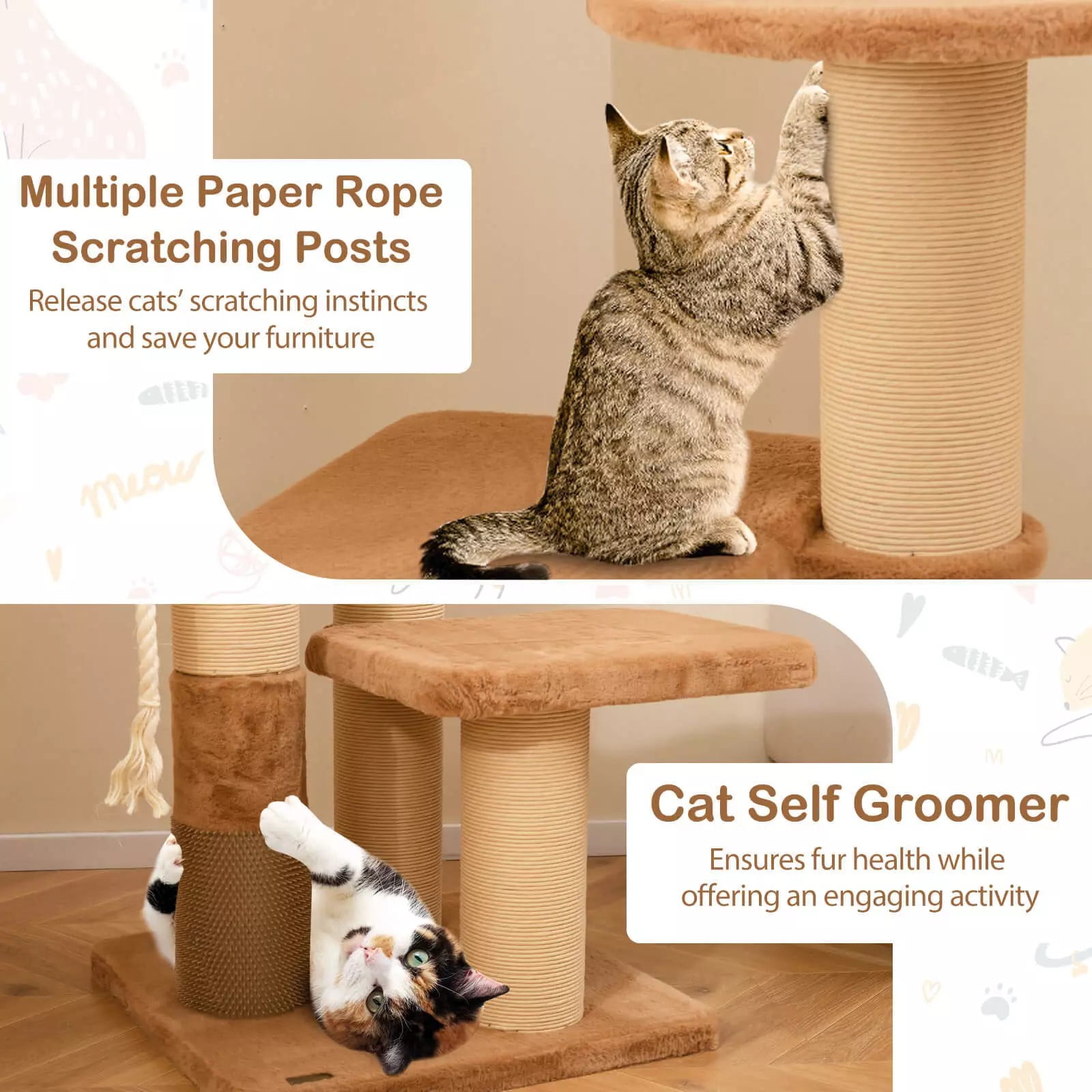 Auranook Cat Tree for Indoor Cats, 65" Tall Kitty Tower with Self-groomer, Padded Perch, Removable Cat Bed, Jumping Platforms, Sisal Rope, Dangling Ball