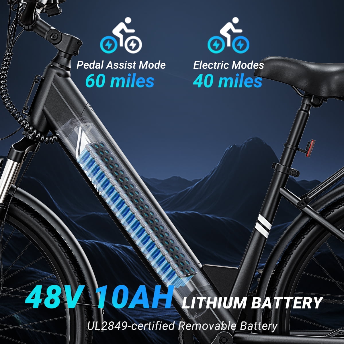 DYU C7L Electric Bike for Adults, 26" Peak 1000W Motor Ebike, 48V 10.4Ah Removable Battery, 45 Miles Max 20MPH, 7 Speed Electric Bicycle UL2849