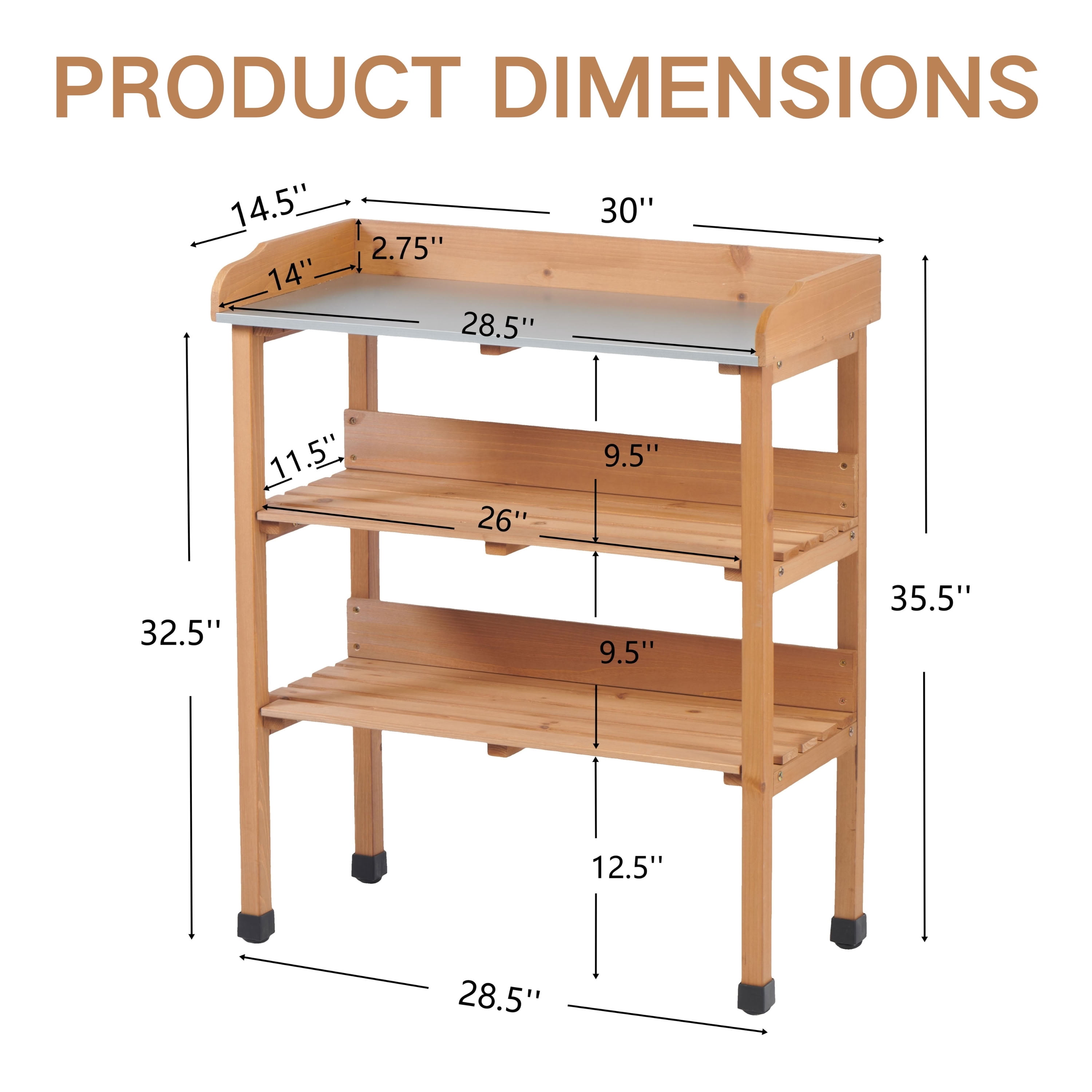 MAYEERTY 3-Tier Garden Potting Table, Outdoor Workstation with Metal Tabletop, Built-In Hooks for Patio, Garage, Workshop
