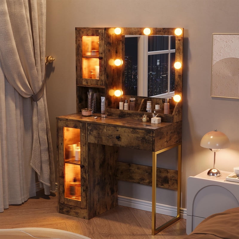 TROPOW Vanity Desk with Mirror and Lights Elegant Makeup Vanity Table with Drawers & Cabinets, Storage, Sturdy MDF Top, Adjustable Brightness Bulbs, Built-in Power Outlet & USB Ports,Brown