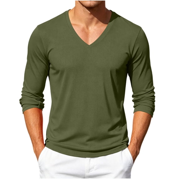 IYTR Men Long Sleeve V Neck Tee Shirts Slim Fit Solid Color Stretchy Soft Tops Fall Daily Casual Pullover (Army Green,L)