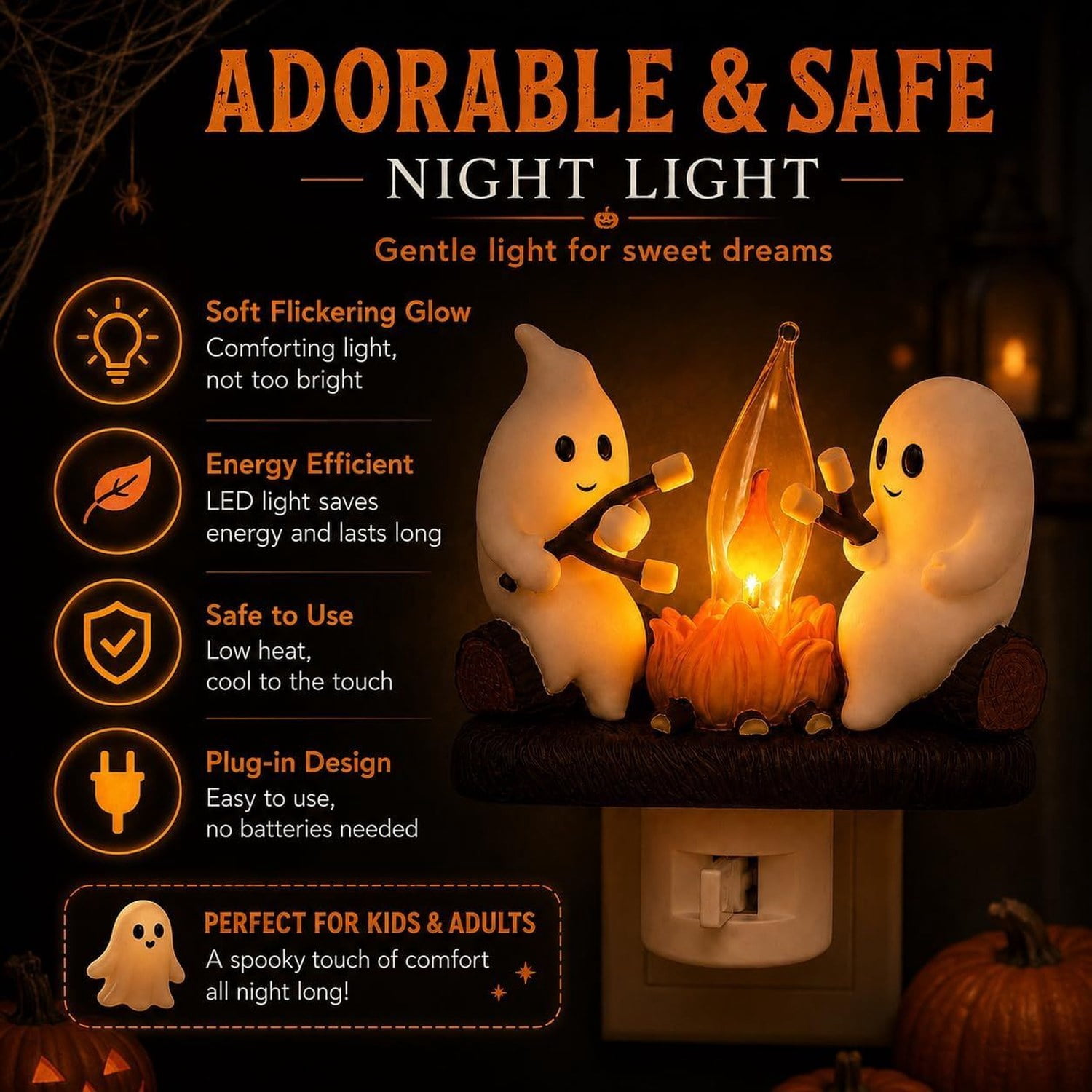 Ghost Campfire Night Light, Plug-In Wall Flickering Flame Nightlight, 3D Resin Halloween Decoration for Bedroom and Hallway