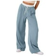 thumbnail image 1 of YFELWZ Womens Plus Size Color Contrast Draw Rope Casual Wide Leg Pocket Straight Leg Loose Wide Leg Pants Light Blue L, 1 of 9