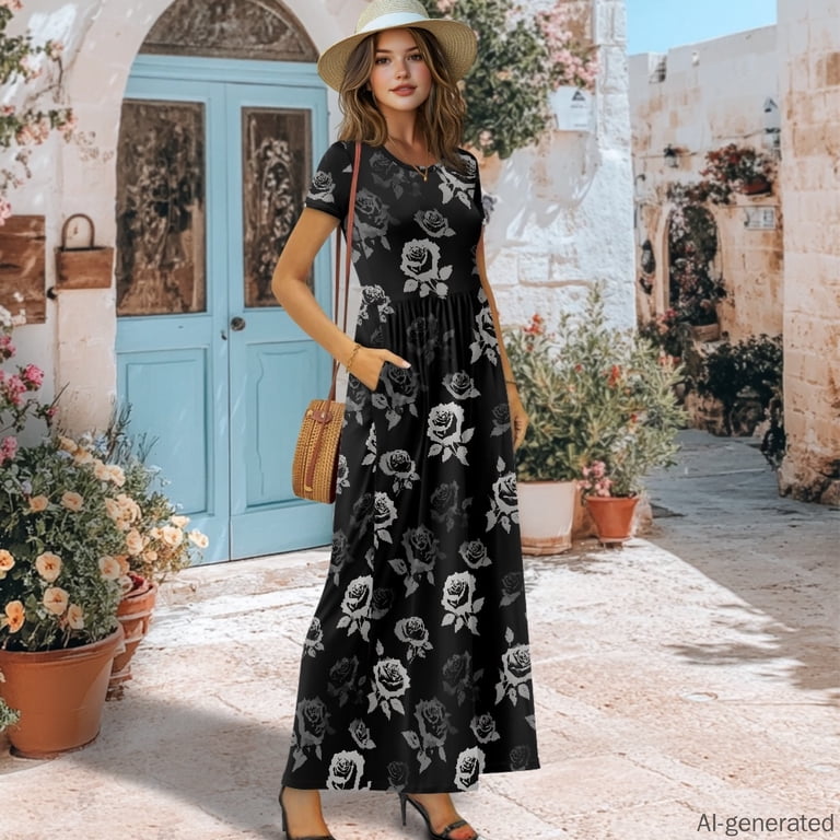 Uourmeti Black Silver Rose Pattern Soft Ladies Long Maxi Dress, Round Neck Stretch Polyester and Spandex Short Sleeve Maxi Dress for Summer Party