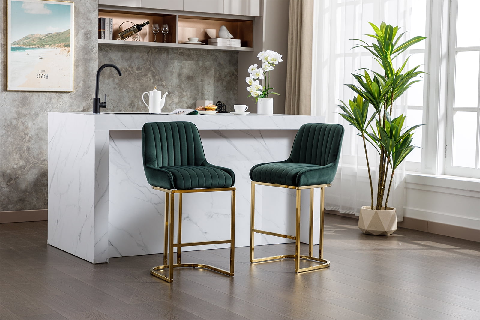 Dayalane Counter Height Bar Stools Set of 2, Velvet Upholstered Kitchen Barstools with Back and Gold Base, 26 " Modern Elegant Island Chairs for Restaurant Bar Dining Room, Green