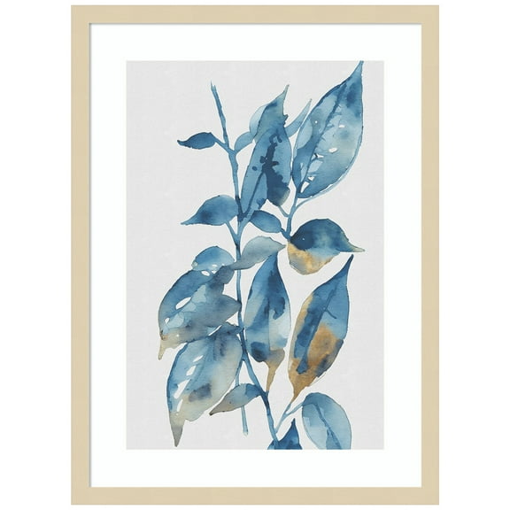 Amanti Art Blue Golden Leaves II Wood Framed Wall Art Print