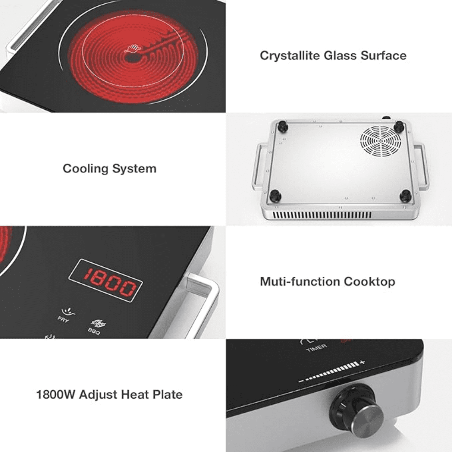 Portable Electric Cooktop 110V, 1800W Electric Stove Infrared Hot Plate with Knob Control, Single Burner Countertop Burner with Handle, 4-Hours Timing Setting, Compatible for All Cookwares