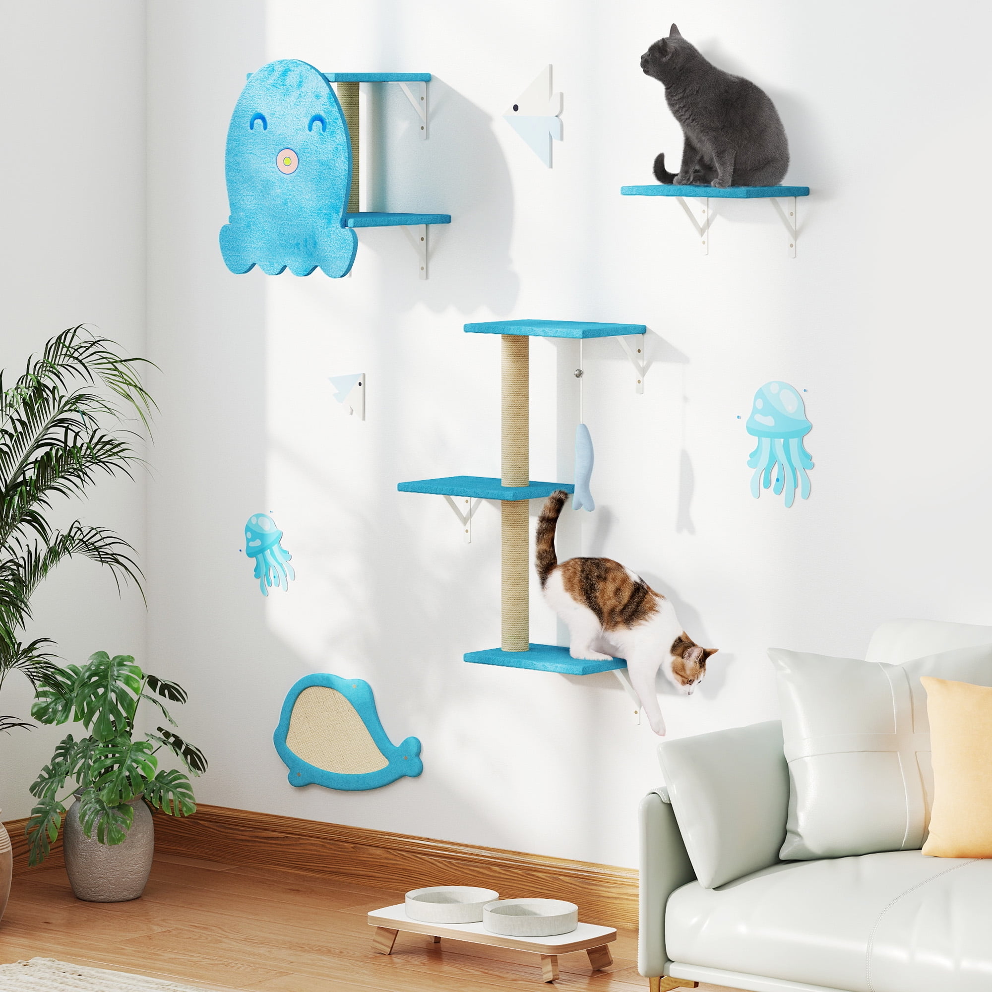 Cat Wall Furniture，Sturdy&Safe 4 in 1 Cat Wall Shelves,Fashion Unique Wooden Cat Climber with Cat House，Scratching Board & Cat Tree（Ocean Blue）