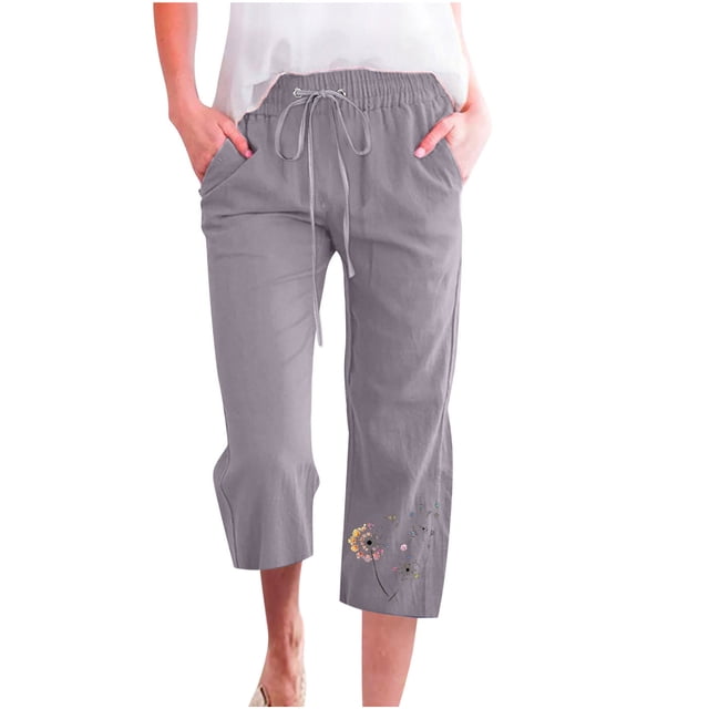 VEKDONE Womens Cotton Linen Capris Pants Print Capri Pant Gray S