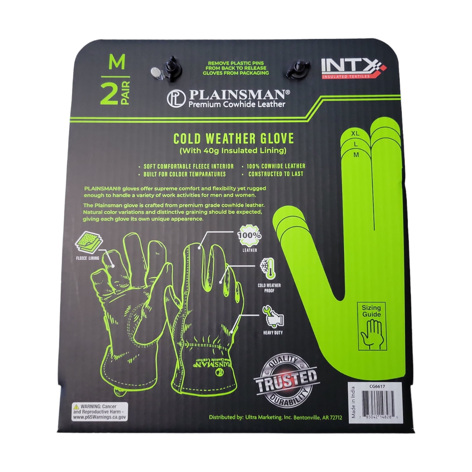 Plainsman Fleece-Lined Heavy Duty Cold Weather Cowhide Work Gloves, 2 Pair (Black, M)
