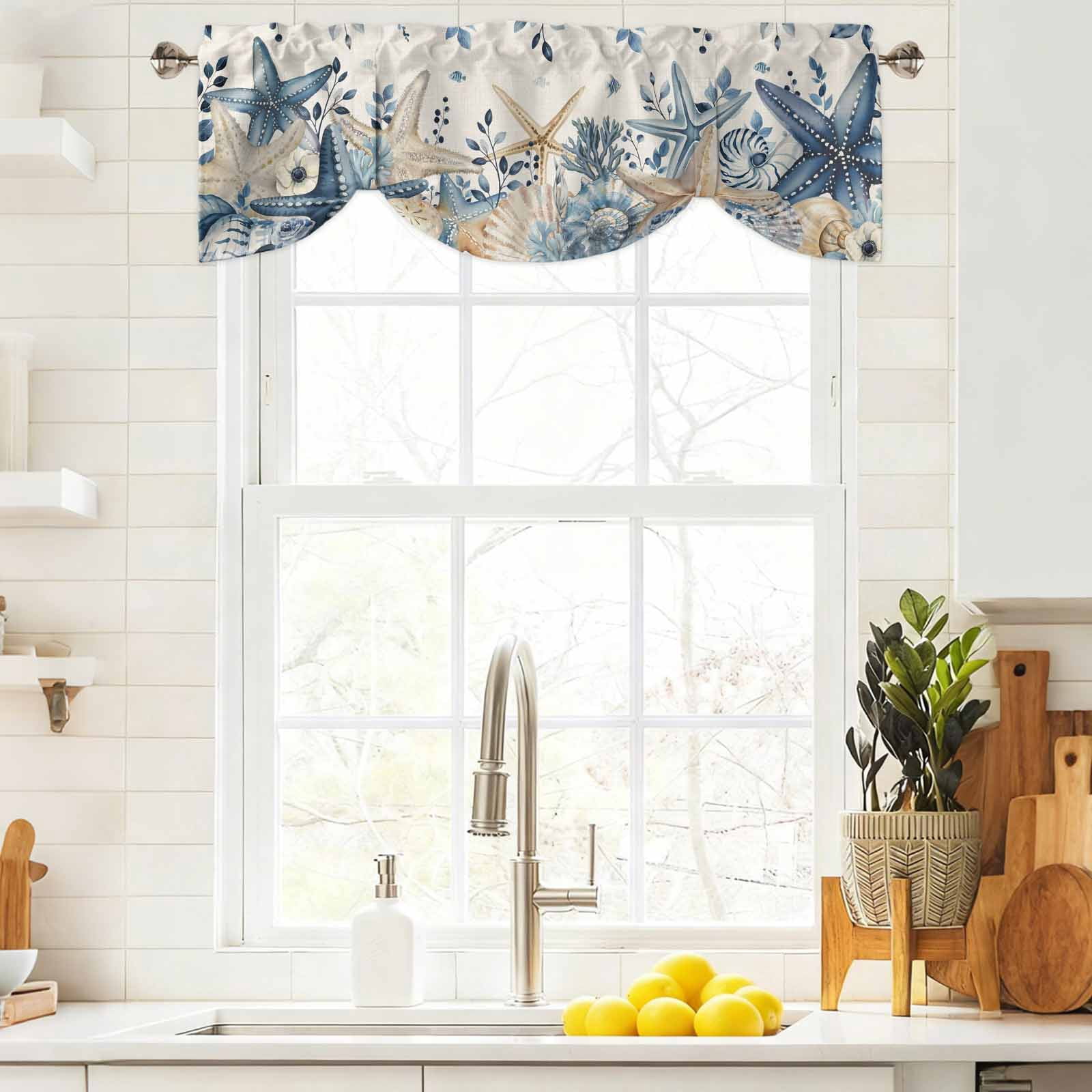 Coastal Tie Up Valances Curtain, Adjustable Kitchen Ocean Blue Beige Starfish Shells Leaves Retro Linen Valances for Windows Decor, Rod Pocket Short Curtains Set for Bedroom/Bathroom, 60"x18"