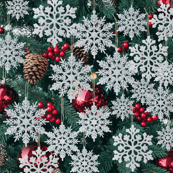 Jingke 36 Pack Plastic Silver Snowflake Ornaments , Decorations for Christmas Tree