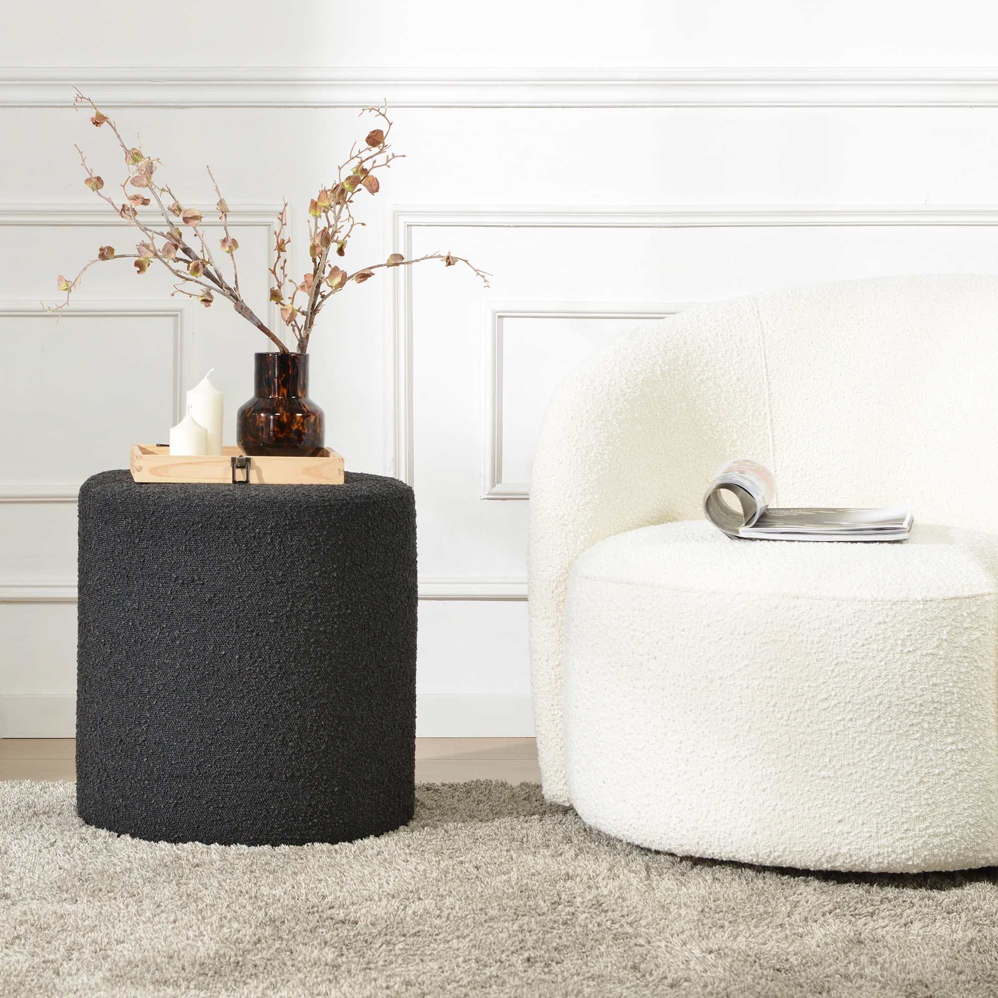 Modern Round Boucle Upholstered Ottoman with Soft Padded Seat, Multi-Functional Sofa Footrest, Side Table, Extra Seating for Living Room, Bedroom, Entryway (Black, 18" D x 18" W x 18.3" H)