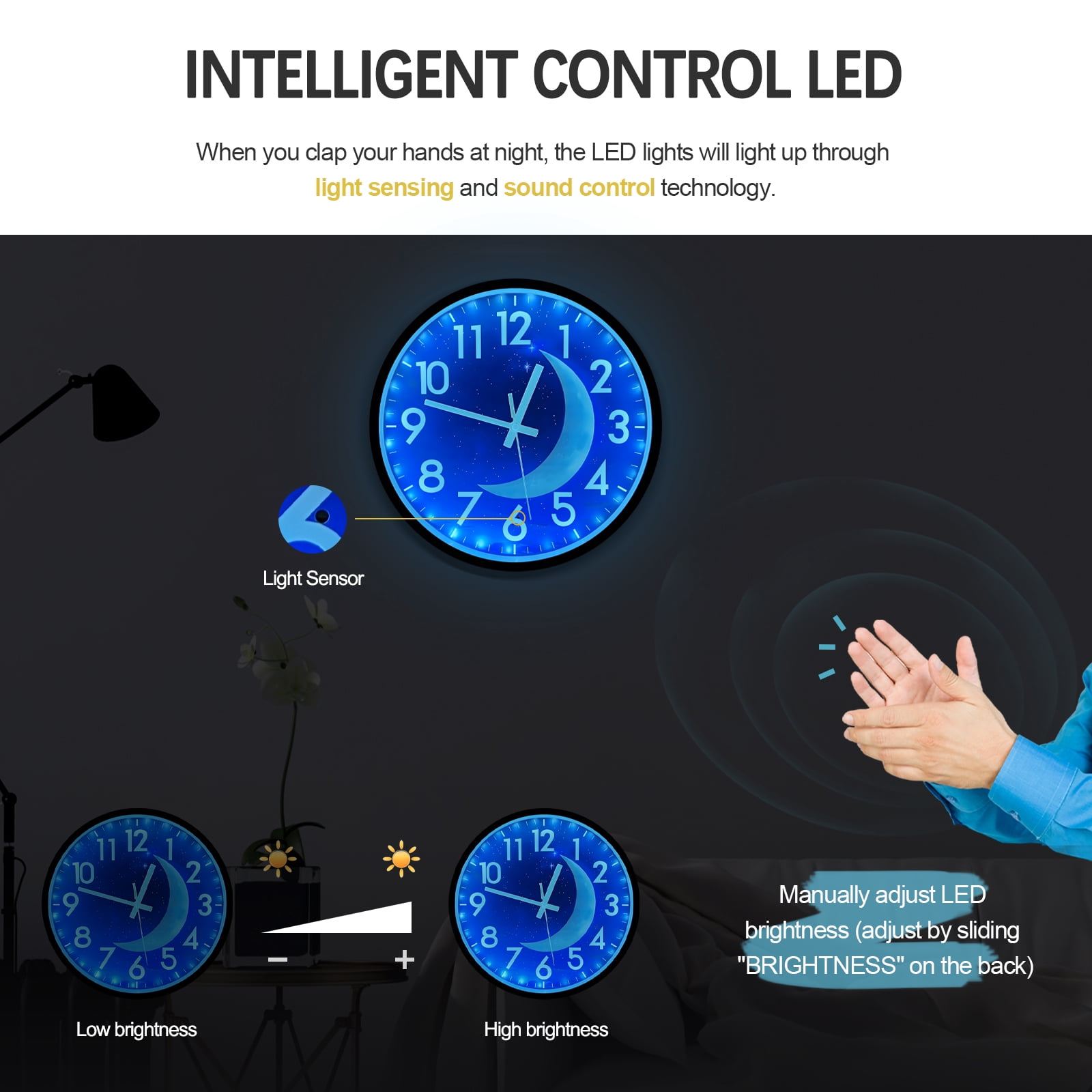 JoFomp LED Wall Clock with Luminous Moon & Starry Sky | Smart Sensor | Glowing Numbers | Home Decor for Bedroom, Office(Blue Light)