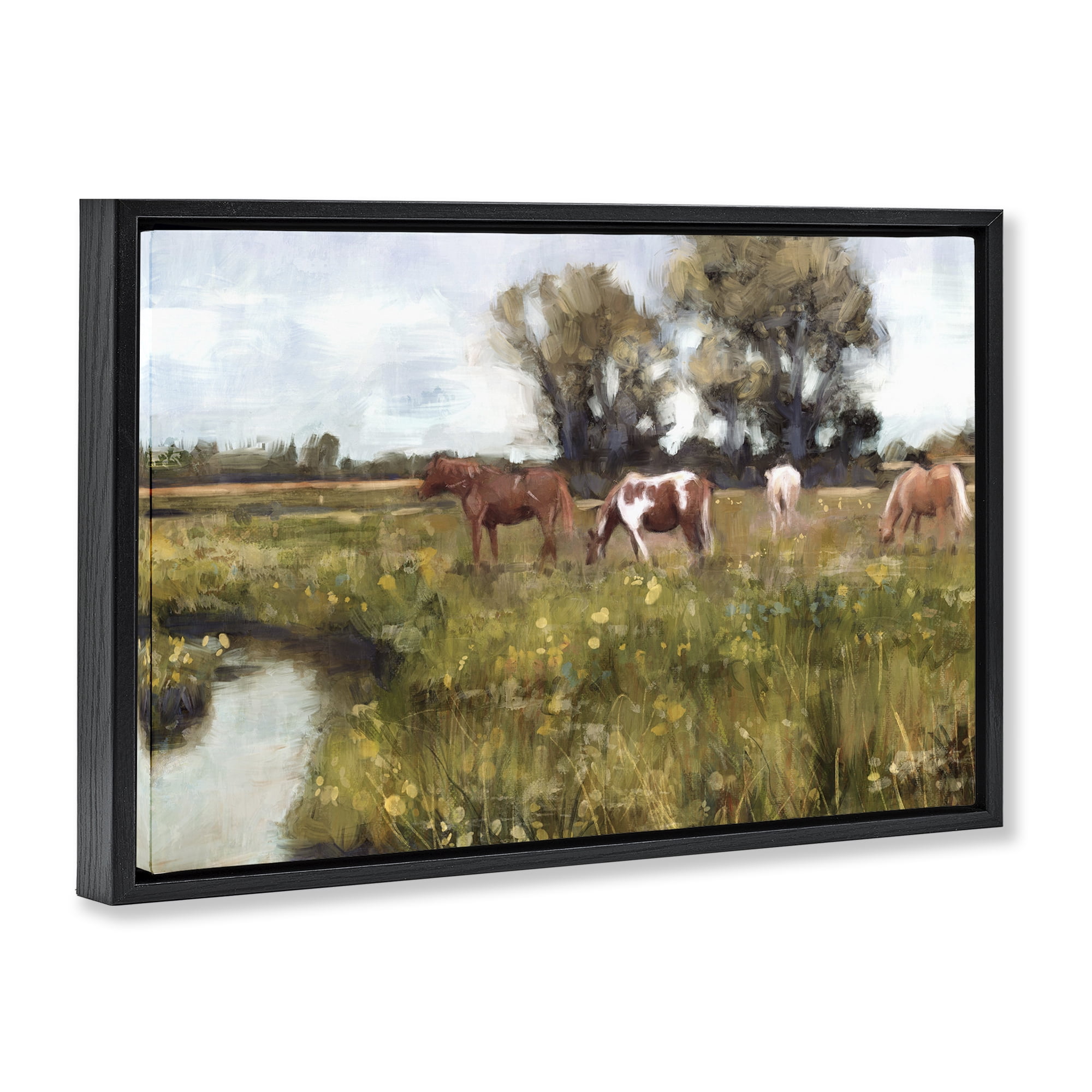 Stupell Industries Lazy Day Horse Landscape Landscape Painting Black Floater Framed Canvas Art Print Wall Art, 25 x 17